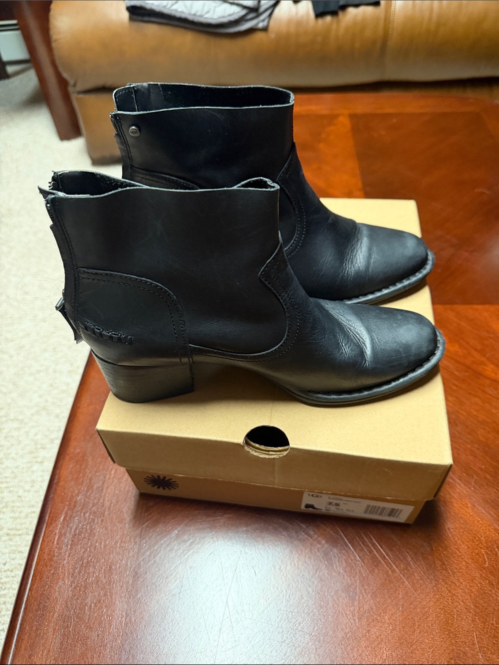 UGG Black Leather Ankle Booties with Back Zip